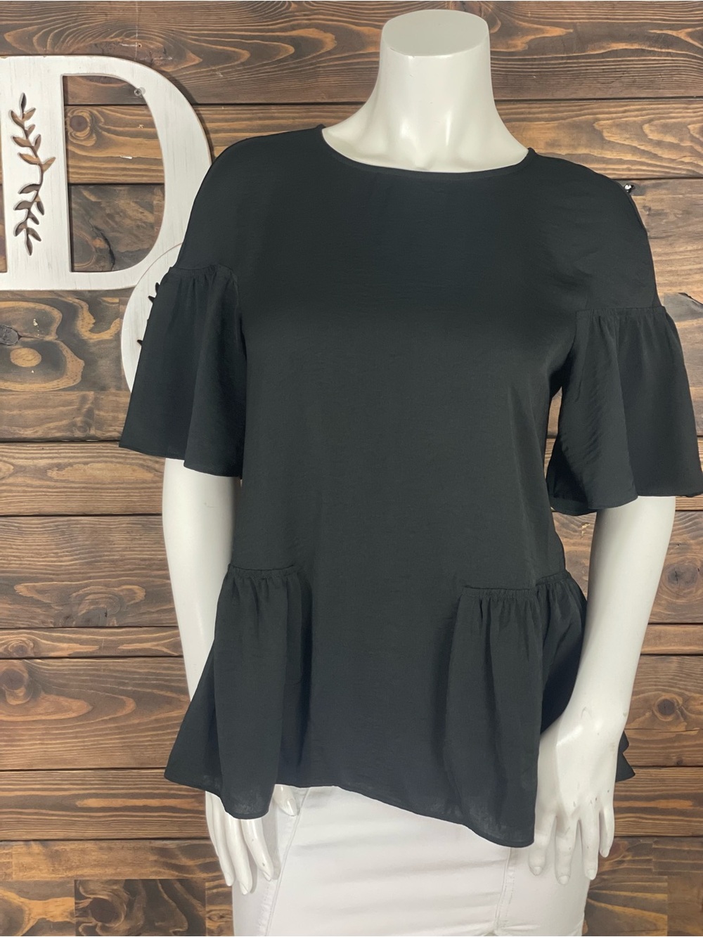 Ann Taylor | Black Ruffled Flutter Sleeve Peplum Blouse